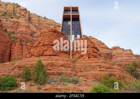 The famous Chapel of the Holy Cross in Sedona, Arizona, shown from below. Stock Photo