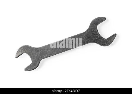 Flat bicycle wrench isolated on white background. Metal open end spanner macro. Vintage scratched tool for repair service equipment. Design element. Stock Photo