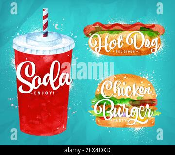 Set of  soda water, hot dog and chicken burger drawing with color paint on blue background. Stock Vector