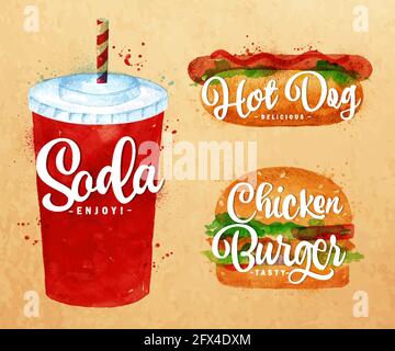 Set of  soda water, hot dog and chicken burger drawing with color paint on kraft background. Stock Vector
