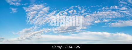Fluffy cirrus clouds float slowly high in the azure blue sky on a sunny day. Panoramic skyscape of many small white clouds scattered across the sky. Stock Photo