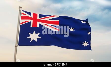 Modern 3D Rendered Australia Flag Waving in the Sky with Silver Pool. New Waving Flag in Blue with Stars in a daylight Stock Photo