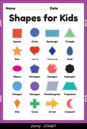 2d shapes for kids printable sheet for preschool and kindergarten children to learn basic symbols for educational activities Stock Vector