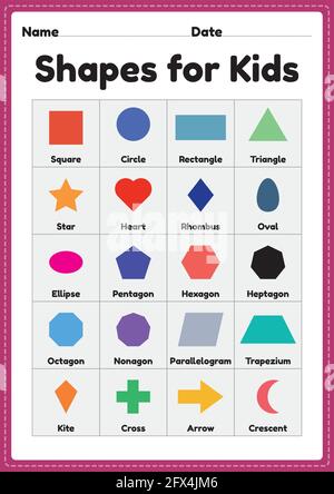Shapes for kids printable sheet for preschool and kindergarten children to learn basic symbols for educational activities Stock Vector