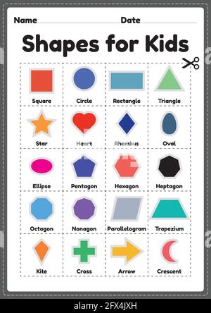 Shapes for preschool and kindergarten kids to learn basic symbols for educational activities in a printable page Stock Vector