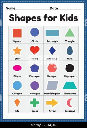 2d shapes for kids printable sheet for preschool and kindergarten children to learn basic symbols for educational activities Stock Vector