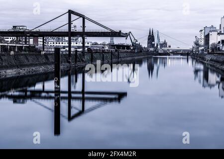 The small Deutzer Hafen in Cologne with a view of Cologne Cathedral, Germany. Stock Photo