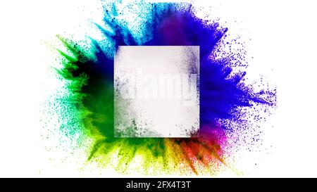 Colorful powder explosion with copy space isolated on white background. Stock Photo