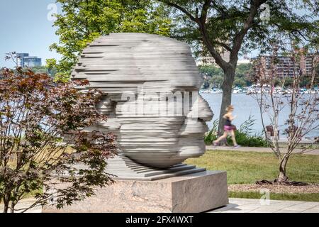 Boston Pops conductor Arthur Fiedler Memorial, sculpture by Ralph Helmick on the Charles River Esplanade, Boston MA USA Stock Photo