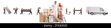 Young muslim couple packing and movers carrying items in to a van isolated on white background Stock Photo