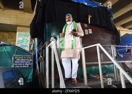 New Delhi, India. 25th May, 2021. NEW DELHI, INDIA - MAY 25: BKU spokesperson Rakesh Tikait at Ghazipur border, where they have camped in protest against new farm laws, on May 25, 2021 in New Delhi, India. The farmers have decided to observe 26 May as 'black day' to mark six months since they started protesting against the Agri laws at Delhi borders. (Photo by Raj K Raj/Hindustan Times/Sipa USA) Credit: Sipa USA/Alamy Live News Stock Photo