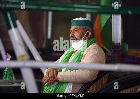 New Delhi, India. 25th May, 2021. NEW DELHI, INDIA - MAY 25: BKU spokesperson Rakesh Tikait at Ghazipur border, where they have camped in protest against new farm laws, on May 25, 2021 in New Delhi, India. The farmers have decided to observe 26 May as 'black day' to mark six months since they started protesting against the Agri laws at Delhi borders. (Photo by Raj K Raj/Hindustan Times/Sipa USA) Credit: Sipa USA/Alamy Live News Stock Photo