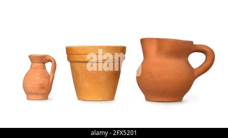 Terracotta pot and jugs isolated on white background Stock Photo