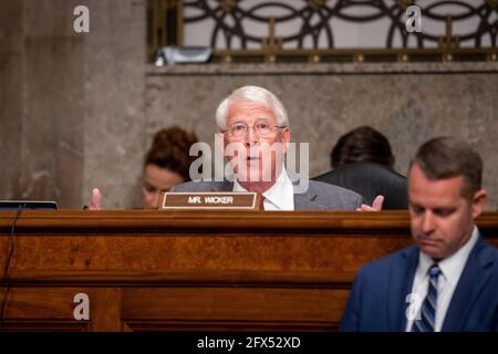 United States Senator Roger Wicker (Republican of Mississippi) asks questions of the panel during a Senate Committee on Armed Services nominations hearing in the Dirksen Senate Office Building in Washington, DC, Tuesday, May 25, 2021. Credit: Rod Lamkey/CNP /MediaPunch Stock Photo