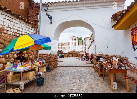 Archway leading to the main square in Chinchero, a small Andean rustic village in the Sacred Valley, Urubamba Province, Cusco Region, Peru Stock Photo