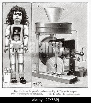 Edison's Phonograph Doll. The talking doll, view of the doll with the interior phonograph and detail of the phonograph. Old 19th century engraved illustration from La Nature 1893 Stock Photo