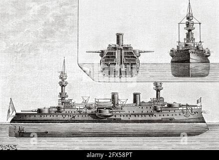 Construction of the armored naval battleship Jaureguiberry at the Toulon shipyards, France. Europe. Old 19th century engraved illustration from La Nature 1893 Stock Photo