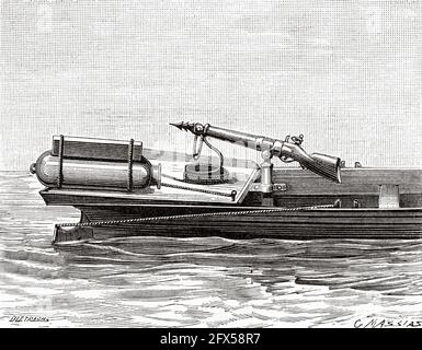 A torpedo boat prepared for attack. Old 19th century engraved illustration from La Nature 1893 Stock Photo