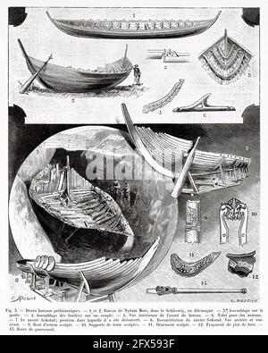 Prehistoric boats. 1-6 Ship of Nydam Moss in Schleswig, Germany. 7- 13 Reconstruction of ship Gokstd. Old 19th century engraved illustration from La Nature 1893 Stock Photo