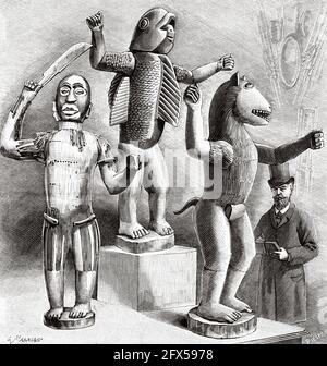 Guezo, Guelele and Behanzin, kings of Dahomey. Wooden statues taken in Abome. Gift of gegeral Dodds to the Ethnographic Museum of Trocadéro in Paris, France. Old 19th century engraved illustration from La Nature 1893 Stock Photo