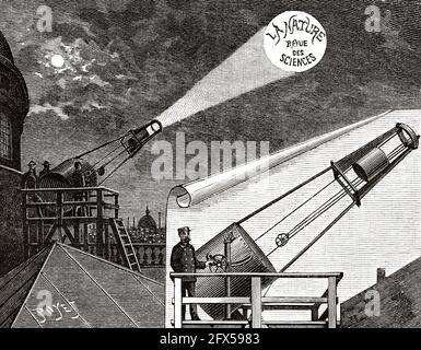 Image projection on clouds with a magic lantern. Old 19th century engraved illustration from La Nature 1893 Stock Photo