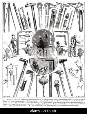 Different uses given to the cane to make instruments. Old 19th century engraved illustration from La Nature 1893 Stock Photo