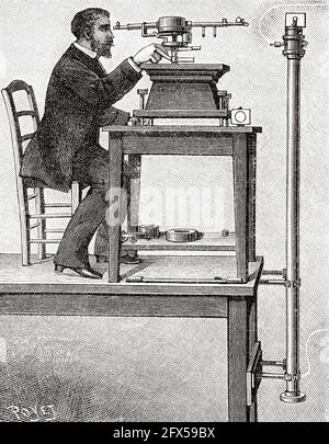 On the spectra of oxygen at high temperatures. Experiments with vertical tube and incandescent spiral. Old 19th century engraved illustration from La Nature 1893 Stock Photo