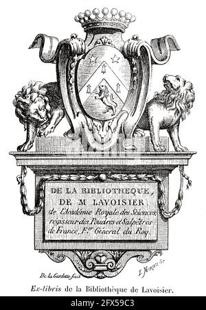 Ex-libris of the Lavoisier library, France. Old 19th century engraved  illustration from La Nature 1893 Stock Photo - Alamy