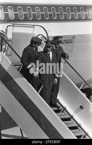 Arrival of Transavia crew with French Boeing 707 at Schiphol Airport; crew on aircraft stairs, September 19, 1974, BEMANNING, arrivals, aircraft stairs, The Netherlands, 20th century press agency photo, news to remember, documentary, historic photography 1945-1990, visual stories, human history of the Twentieth Century, capturing moments in time Stock Photo