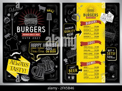 Burger bar menu template - A4 card (burgers, sides, drinks) Stock Vector