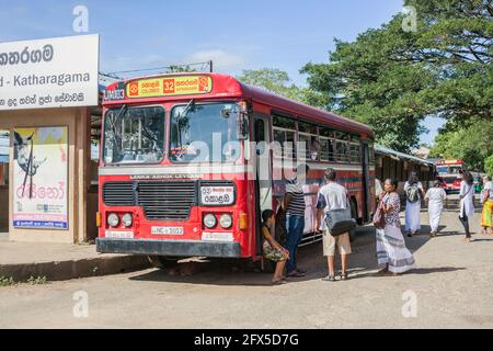 Ashoke-Leyland single decker bus waiting at Kataragama bus stand, Southern Province, Sri Lanka