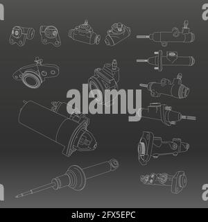 Line vector auto moto parts accessories clutch brake cylinders. Repair service equipment. Engine elements shop catalog. Vintage vehicle symbol. Retro Stock Vector