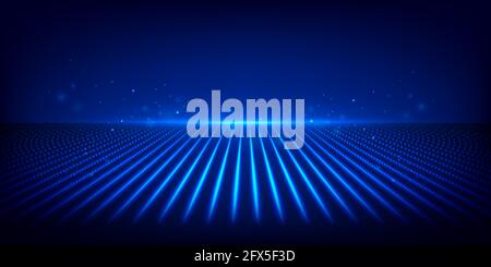 Futuristic environment with lines from glowing dots. Abstract hi-tech background for display product. Multimedia, audio, video, cinema, music. Stock Vector
