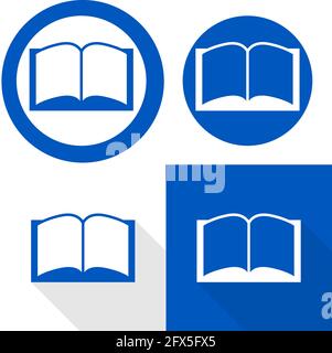 Refer to instruction manual sign. Vector illustration of circular blue sign with open book. Read instruction booklet before start work. Safety label. Stock Vector