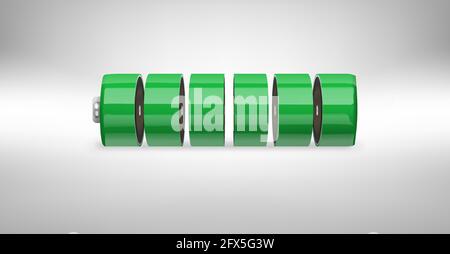 Realistic 3d colorful battery cut up on blocks, environmental alternative energy. charging status indicator, almost charged power supply, Battery type Stock Vector