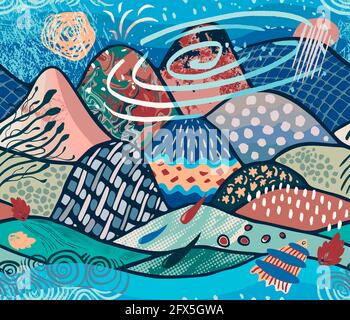 An abstract galaxy concept with a stylized mountain range, water waves combining with a skyline and different textures. For a wall decor, print or web Stock Vector
