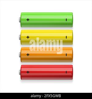 Realistic 3d colorful batteries, environmental alternative energy. vector illustration. Batteries type AA Stock Vector