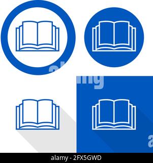Refer to instruction manual sign. Vector illustration of circular blue sign with open book. Read instruction booklet before start work. Safety label. Stock Vector
