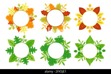 Round empty area for text with dry and summer leaves. Sticker and label. Decoration for a greeting card. Autumn design. Banners for advertising, scrapbooking, notebook, dishes Stock Vector