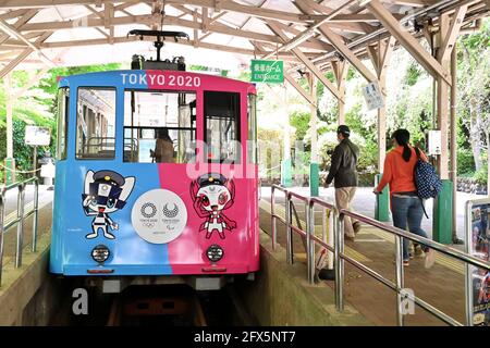 Tokyo 2020 Olympic Games wrapping Cable car is seen at Mt.Takao station in Hachioji, Tokyo, Japan on April 18, 2021. Stock Photo