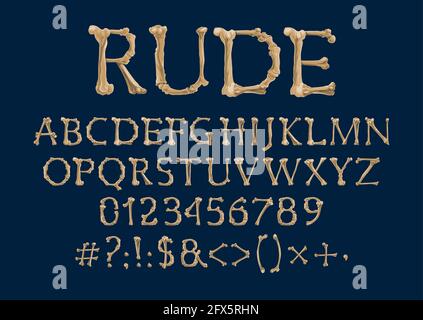 Font with bone letters, creepy ABC typee alphabet. Halloween or Dia de los Muertos Day vector type with skeleton bones, scary latin letters, spooky ar Stock Vector