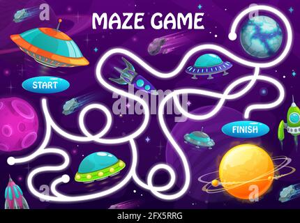 Labyrinth maze game with space planets and shuttles. Kids vector board game with rockets and alien ufo saucers in galaxy. Boardgame with tangled path, Stock Vector