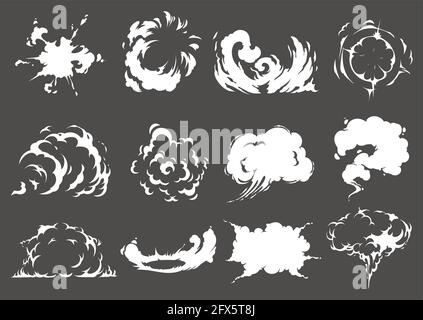 Explosion and burst clouds. Cartoon vector explosive, dynamite or mine detonation, atomic bomb, nuclear weapon strike mushroom cloud, vapor, fire smok Stock Vector