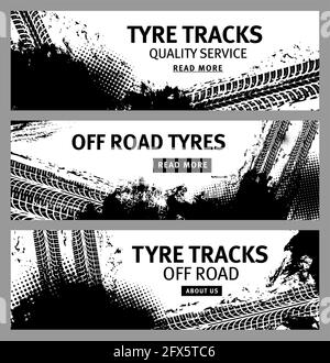 Grunge banners with vector tire tracks and offroad tyre prints. Mud or dirt road wheel traces of race sport car, truck or tractor, motorcycle or bike, Stock Vector