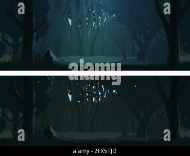 Dark forest landscape, evening and night view, vector scenery background with deciduous trees, grass, rock and dim light falling through trunks on gro Stock Vector
