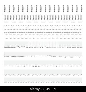 Stitch, notebook perforation, spiral binding and dividers. Vector wire, steel ring springs for calendar, diary, notepad, document cover, booklet sheet Stock Vector