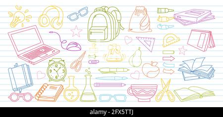 Sketch in notebook Back to School doodle cartoon set. Learning school line. First day of school equipment, Education concept icon kit. Scissors, laptop, glasses book backpack, paints outline vector Stock Vector
