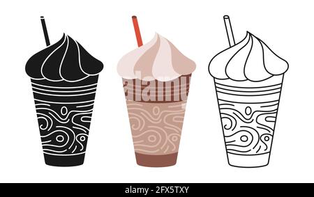 Coffee frappe cup cartoon set line icon, black glyph trendy style. Craft doodle flat cups to go. Drinks with foam, branding and cafe label design, disposable coffee paper cup icon. Vector illustration Stock Vector