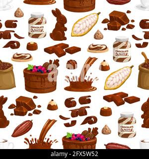Chocolate sweets, pastry and drinks seamless pattern. Cartoon vector cake with berries and cookies, cacao tree fruit, candies and rabbit, chocolate ch Stock Vector