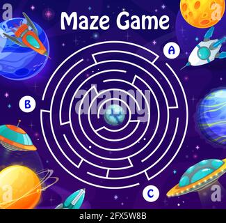 Space labyrinth maze in galaxy. Kids vector boardgame with spaceships and planets. Board game with rockets in space and path with tree entrance and ea Stock Vector
